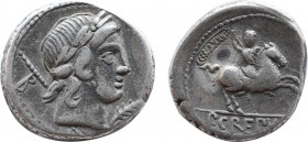 P. CREPUSIUS. Denarius (82 BC). Rome.
Obv: Laureate head of Apollo right; sceptre and V to left.
Rev: P CREPVSI.
Warrior on horse rearing right; CCCXX...