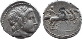 ANONYMOUS. Denarius (Circa 86 BC). Rome. Obv: Laureate head of Apollo right; thunderbolt below. Rev: Jupiter driving quadriga right, preparing to hurl...