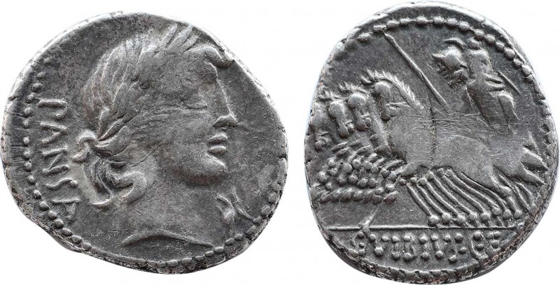C. VIBIUS C. F. PANSA. Denarius (90 BC). Rome.
Obv: PANSA.
Laureate head of Apol...