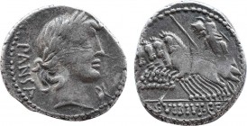 C. VIBIUS C. F. PANSA. Denarius (90 BC). Rome.
Obv: PANSA.
Laureate head of Apollo right, control below chin.
Rev: C VIBIVS C F.
Minerva driving quadr...
