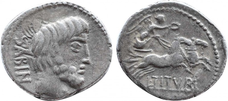 L. TITURIUS L.F. SABINUS. Denarius (89 BC). Rome.
Obv: SABIN.
Bare and bearded h...