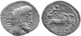 L. TITURIUS L.F. SABINUS. Denarius (89 BC). Rome.
Obv: SABIN.
Bare and bearded head of King Tatius right.
Rev: L TITVRI.
Victory driving biga right, h...