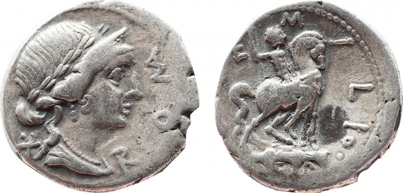 MANLIUS AEMILIUS LEPIDUS ( 114-113 BC). Denarius.
Obv: ROMA Laureate, draped fem...