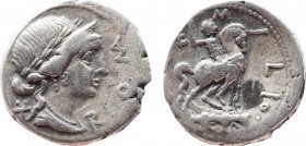 MANLIUS AEMILIUS LEPIDUS ( 114-113 BC). Denarius.
Obv: ROMA Laureate, draped female bust r., wearing stephane, pendant earring and necklace; in field ...