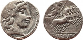 C. VIBIUS C.F. PANSA. Denarius (90 BC). Rome.
Obv: PANSA.
Laureate head of Apollo right; II to lower right.
Rev: C VIBIVS C F.
Minerva, holding trophy...