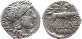 L. ANTESTIUS GRAGULUS. Denarius (136 BC). Rome.
Obv: GRAG.
Helmeted head of Roma right; mark of value to lower right.
Rev: L ANTES / ROMA.
Jupiter dri...