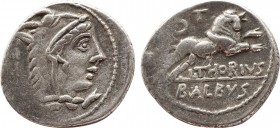 L. THORIUS BALBUS. Denarius (105 BC). Rome.
Obv: I S M R.
Head of Juno Sospita right, wearing goat skin.
Rev: L THORIVS / BALBVS.
Bull charging right;...