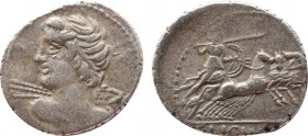 C. Licinius L.f. Macer. AR Denarius. Rome Mint, 84 B.C.
Obv: Diademed bust of Apollo-Vejovis left, with drapery on shoulder, hurling thunderbolt. Rev:...