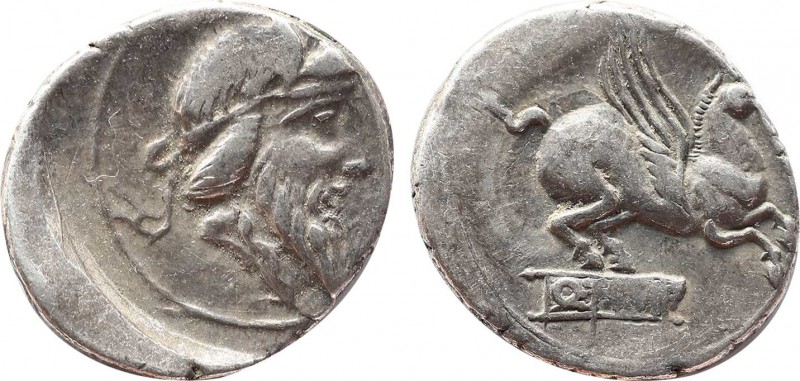 Q. TITIUS. Denarius (90 BC). Rome.
Obv: Bearded head of Mutinus Titinus right, w...