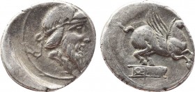 Q. TITIUS. Denarius (90 BC). Rome.
Obv: Bearded head of Mutinus Titinus right, wearing winged diadem.
Rev: Pegasus springing right from tablet inscrib...
