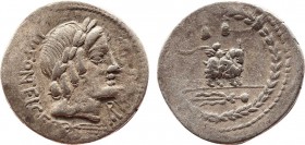 MN. FONTEIUS C.F. Denarius (85 BC). Rome.
Obv: MN FONTEI C F.
Laureate head of Apollo-Vejovis right; thunderbolt below, monogram to lower right.
Rev: ...