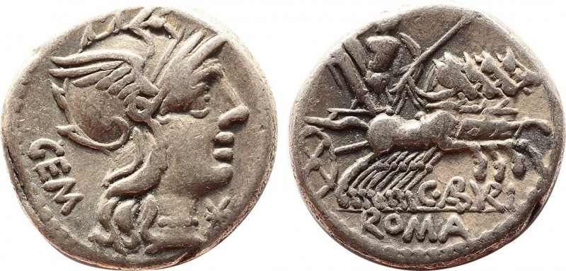 M. ABURIUS GEMINUS. Denarius (132 BC). Rome.
Obv: GEM.
Helmeted head of Roma rig...