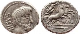 L. TITURIUS L.F. SABINUS. Denarius (89 BC). Rome.
Obv: SABIN.
Bare and bearded head of King Tatius right.
Rev: L TITVRI.
Victory driving biga right, h...