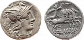 M. ABURIUS GEMINUS. Denarius (132 BC). Rome.
Obv: GEM.
Helmeted head of Roma right; mark of value to lower right.
Rev: M ABVRI / ROMA.
Sol driving qua...