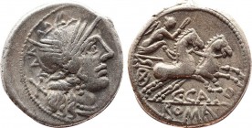 C. PORCIUS CATO. Denarius (123 BC). Rome.
Obv: Helmeted head of Roma right; X (mark of value) behind.
Rev: C CATO / ROMA.
Victory driving biga right, ...