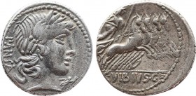 C. VIBIUS C.F. PANSA. Denarius (90 BC). Rome.
Obv: PANSA.
Laureate head of Apollo right; II to lower right.
Rev: C VIBIVS C F.
Minerva, holding trophy...