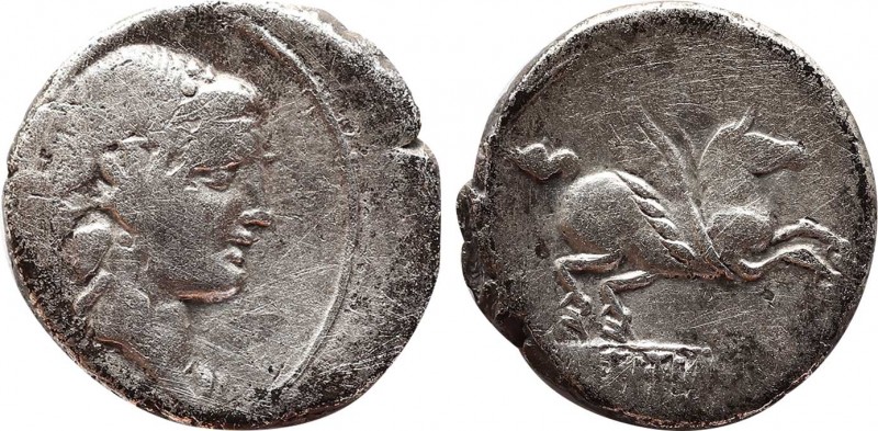 Q. TITIUS. Denarius (90 BC). Rome.
Obv: Head of Liber or young Bacchus right, we...