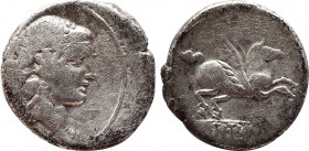 Q. TITIUS. Denarius (90 BC). Rome.
Obv: Head of Liber or young Bacchus right, wearing ivy wreath.
Rev: Pegasus springing right upon tablet inscribed Q...