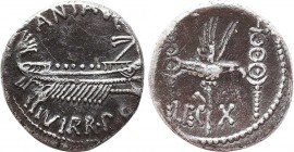 MARK ANTONY. Denarius (32-31 BC). Patrae(?). Legionary issue.
Obv: ANT AVG / III VIR R P C.
Galley right.
Rev: LEG - X.
Aquila right between two signa...
