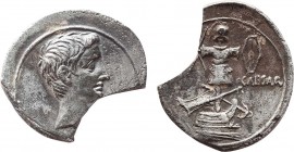 OCTAVIAN. Denarius (30-29 BC). Uncertain Italian mint, possibly Rome.
Obv: Bare head right.
Rev: IMP - CAESAR.
Naval and military trophy facing, compo...