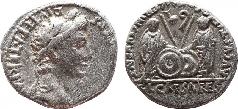 AUGUSTUS (27 BC-14 AD). Denarius. Lugdunum.
Obv: CAESAR AVGVSTVS DIVI F PATER PA...