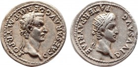 Caligula, with Divus Augustus (AD 37-41). Denarius. Lugdunum, AD 40.
Obv: C CAESAR AVG GERM PON M TR POT III COS III. Laureate head of Caligula right...