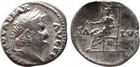 NERO (54-68). Denarius. Rome.
Obv: NERO CAESAR AVGVSTVS.
Laureate head right.
Rev: SALVS.
Salus seated left with patera.
RIC 60.
Condition: Very fine....