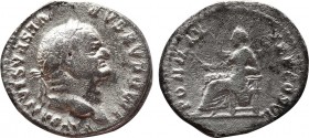 VESPASIAN (69-79). Denarius. Rome.
Obv: IMP CAESAR VESPASIANVS AVG.
Laureate head right.
Rev: PON MAX TR P COS VI.
Pax seated left on throne, holding ...