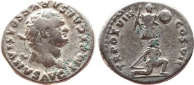 TITUS (79-81). Denarius. Rome.
Obv: IMP T CAESAR VESPASIANVS AVG.
Laureate head right.
Rev: TR POT VIII COS VII.
Captive kneeling right before trophy....