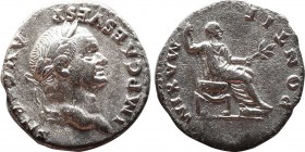VESPASIAN (69-79). Denarius. Rome.
Obv: IMP CAES VESP AVG CENS.
Laureate head right.
Rev: PONTIF MAXIM.
Vespasian seated right on curule chair, holdin...
