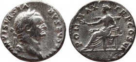 VESPASIAN (69-79). Denarius. Rome.
Obv: IMP CAESAR VESPASIANVS AVG.
Laureate head right.
Rev: PON MAX TR P COS VI.
Pax seated left on throne, holding ...