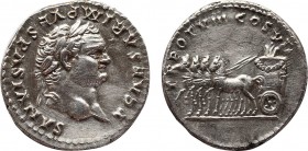 TITUS (79-81). Denarius. Rome. "Judaea Capta" commemorative.
Obv: IMP TITVS CAES VESPASIAN AVG P M.
Laureate head right.
Rev: TR P VIIII IMP XIIII ...