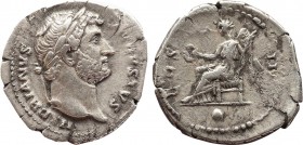 HADRIAN (117-138). Denarius. Rome.
Obv: HADRIANVS AVGVSTVS PP.
Laureate bust right, with slight drapery.
Rev: COS III.
Victory seated left on throne, ...
