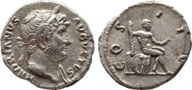 HADRIAN (117-138). Denarius. Rome.
Obv: HADRIANVS AVGVSTVS.
Laureate bust right, with slight drapery on far shoulder.
Rev: COS III.
Hercules seated ri...
