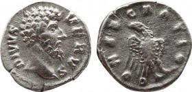 DIVUS LUCIUS VERUS (Died 169). Denarius. Rome. Struck under Marcus Aurelius.
Obv: DIVVS VERVS.
Bare head right.
Rev: CONSECRATIO.
Eagle standing right...