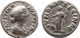 FAUSTINA II (Augusta, 147-175). Denarius. Rome.
Obv: FAVSTINA AVGVSTA.
Draped bust right.
Rev: IVNONI REGINAE.
Juno standing left, holding patera and ...