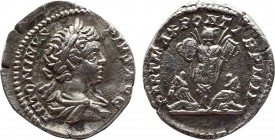 CARACALLA (193-217). Denarius. Rome.
Obv: ANTONINVS PIVS AVG.
Laureate and draped bust right.
Rev: PART MAX PONT TR P IIII.
Trophy and arms flanked by...