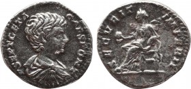 GETA (Caesar, 198-209). Denarius. Rome. Obv: P SEPT GETA CAES PONT. Bareheaded, draped and cuirassed bust right. Rev: SECVRIT IMPERII. Securitas seate...