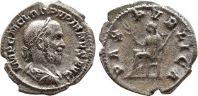 PUPIENUS (238). Denarius. Rome.
Obv: IMP C M CLOD PVPIENVS AVG.
Laureate, draped and cuirassed bust right.
Rev: PAX PVBLICA.
Pax seated left on th...