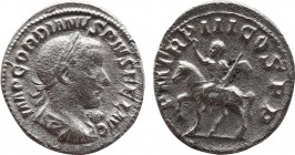 Gordianus III ( 238-244 AD). Denarius. Rome. 
Obv: IMP GORDIANVS PIVS FEL AVG, Laureate, draped and cuirassed bust to right.
Rev: P M TR P III COS P P...