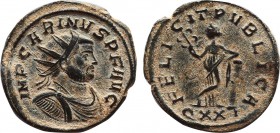 CARINUS (283-285). Antoninianus. Ticinum.
Obv: IMP CARINVS P F AVG.
Radiate, draped and cuirassed bust right.
Rev: FELICIT PVBLICA / TXXI.
Felicitas s...