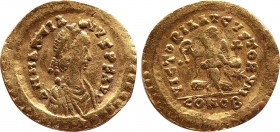 MARCIANUS (450-457). GOLD Tremissis. Constantinople.
Obv: D N MARCIANVS P F AVG.
Diademed, draped and cuirassed bust right.
Rev: VICTORIA AVGVSTORV...