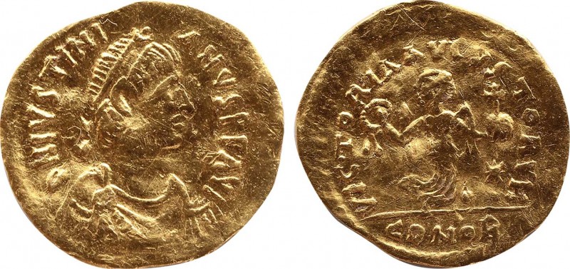 JUSTINIAN I (527-565). GOLD Tremissis. Constantinople.
Obv: D N IVSTNIANVS P P A...