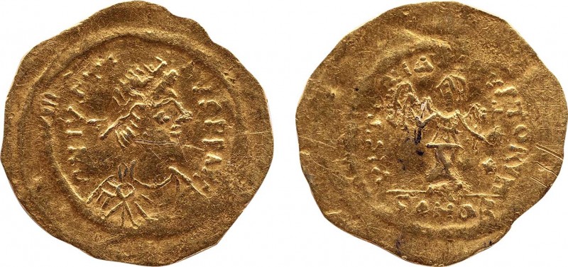 JUSTIN II (565-578). GOLD Tremissis. Constantinople.
Obv: D N IVSTINVS P P AVG.
...
