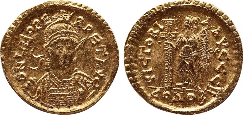 LEO I (457-474). GOLD Solidus. Constantinople.
Obv: D N LEO PERPET AVG.
Helmet...