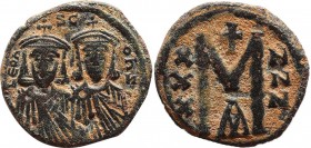 LEO III THE "ISAURIAN", with CONSTANTINE V (717-741). Follis. Constantinople.
Obv: LEOn S COnST.
The busts of Leo, with short beard, and Constantine f...