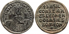 BASIL I THE MACEDONIAN with LEO VI and CONSTANTINE (867-886). Follis. Constantinople.
Obv: + LЄOҺ ЬASIL COҺST AЧGG.
Crowned facing busts of Basil, hol...