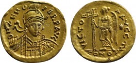 Zeno. Second reign, AD 476-491. AV Solidus. Constantinople mint, 8th officina. Obv: Pearl-diademed, helmeted, and cuirassed bust facing slightly right...
