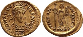 ZENO (Second reign, 476-491). GOLD Solidus. Constantinople.
Obv: D N ZENO PERP AVG.
Helmeted and cuirassed bust facing slightly right, holding spear a...
