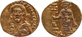 JUSTINIAN II (First reign, 685-695). GOLD Solidus. Constantinoples.
Obv: IҺS CRISTOS RЄX RЄGNANTIUM.
Facing bust of Christ Pantokrator.
Rev: D IЧST...